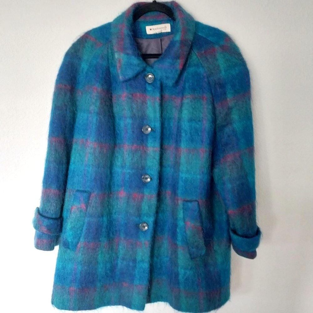 Appleseed's Vintage Blue Plaid Mohair Blend Lined Coat with Front Pockets